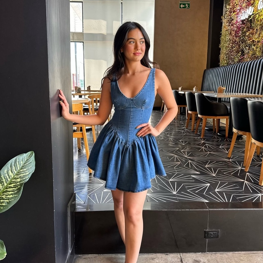Blue Fit and Flare Mini Dress with Plunge Neckline